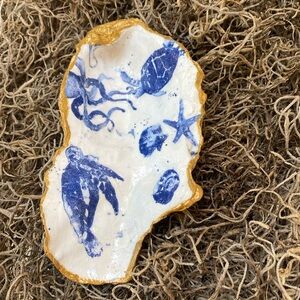 Handcrafted Decoupaged Blue & White Sea Life XLarge Oyster Shell W/ Gold Accents